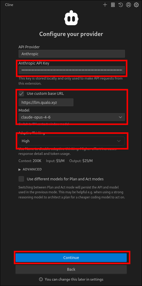 Cline setup screenshot